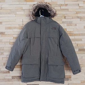 North Face Mens Large Grey Winter Parka Goose Down Ski Fur Hooded Jacket Coat L